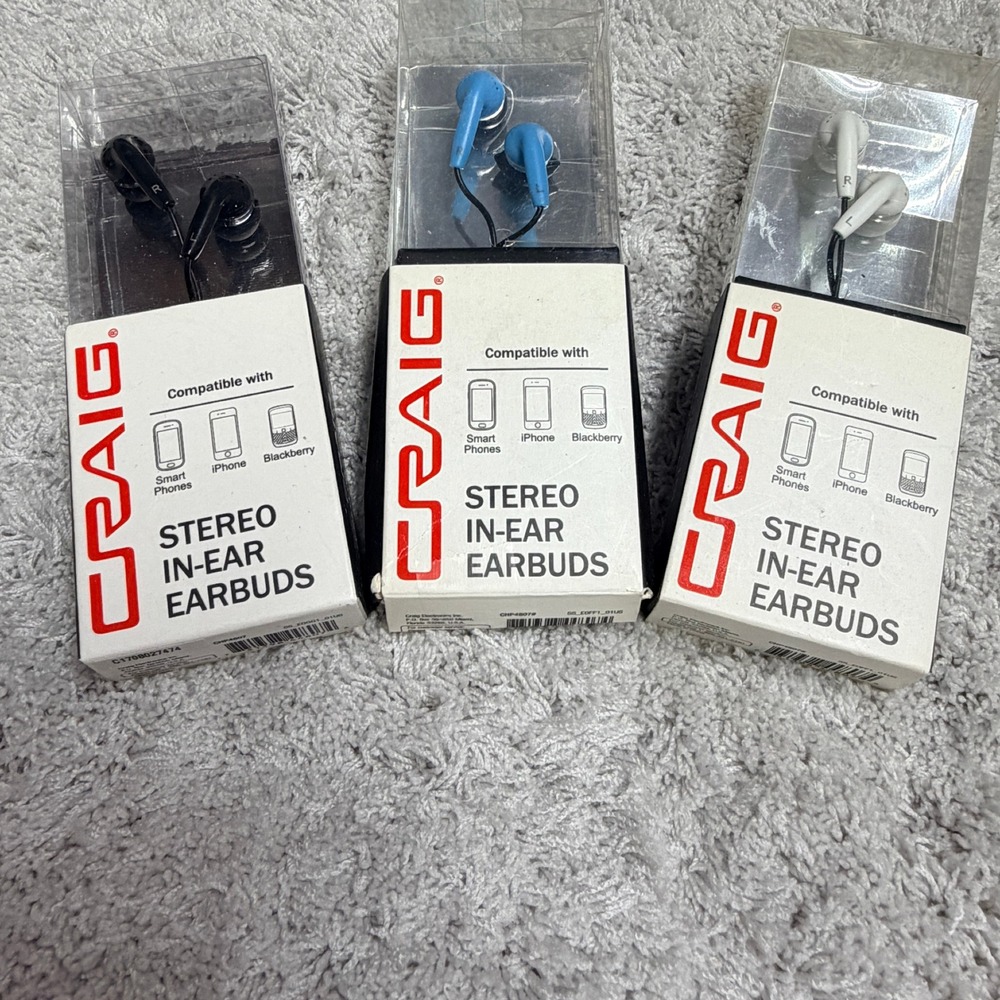 Craig Stereo In-Ear Earbuds 3 Pack Wired 3.5mm Jack Black Blue White CHP4807 NEW